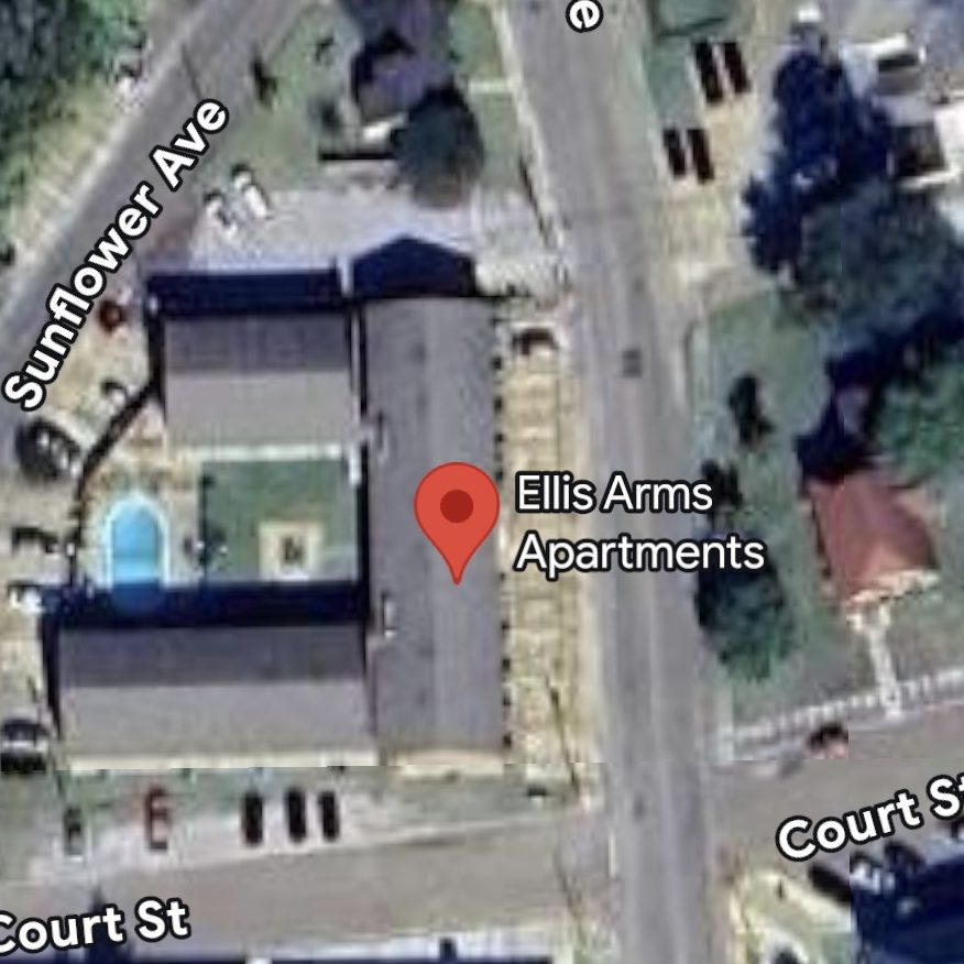 Aerial map view of Ellis Arms Apartments at the corner of Delta Ave and Sunflower Ave, with the pool courtyard and Court Street just south