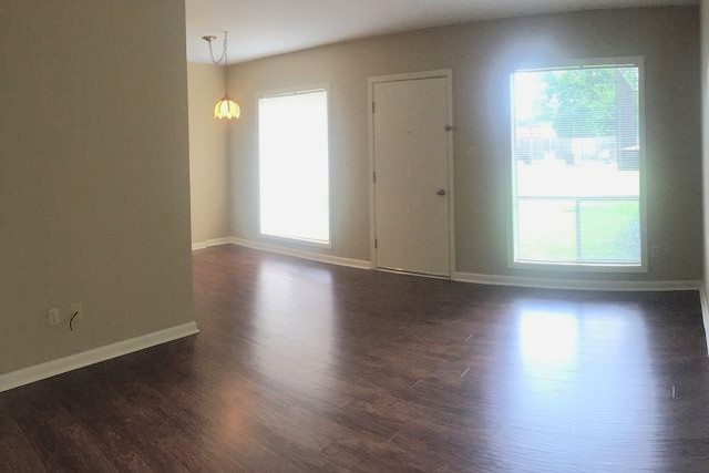 Living room in Unit 203 with dark wood-look flooring and bright windows