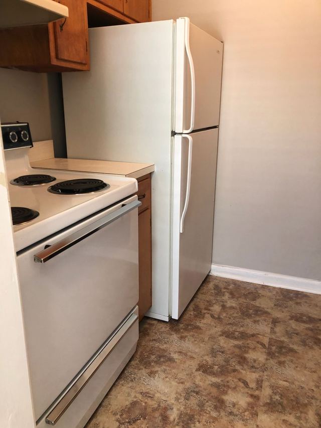 Kitchen in Unit 102 with a white electric range, white refrigerator, and wood cabinets