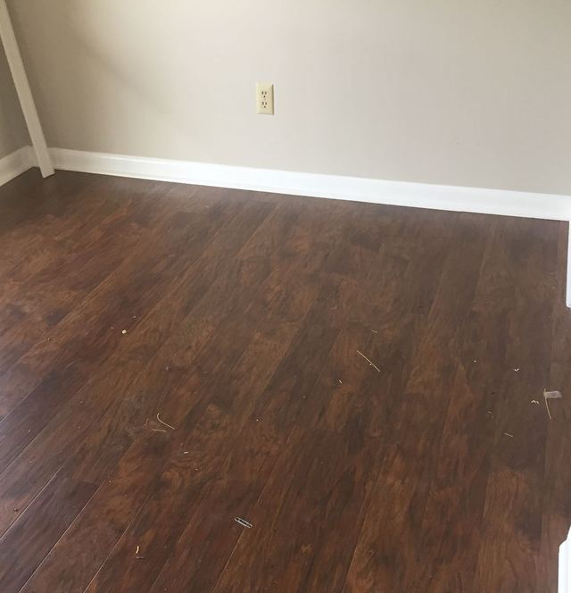 Close-up of dark wood-look flooring meeting Agreeable Gray walls and white baseboard
