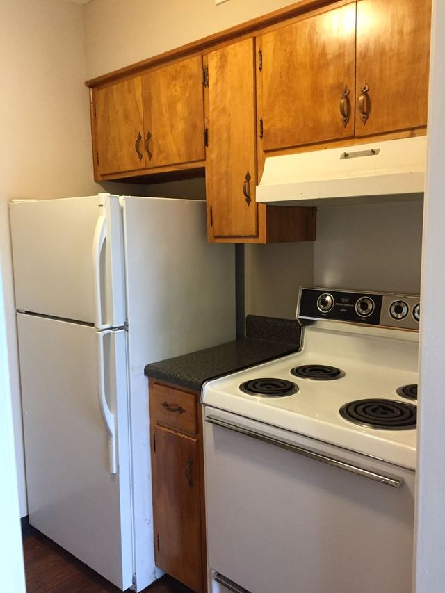 Upgraded unit kitchen with white appliances and Agreeable Gray walls